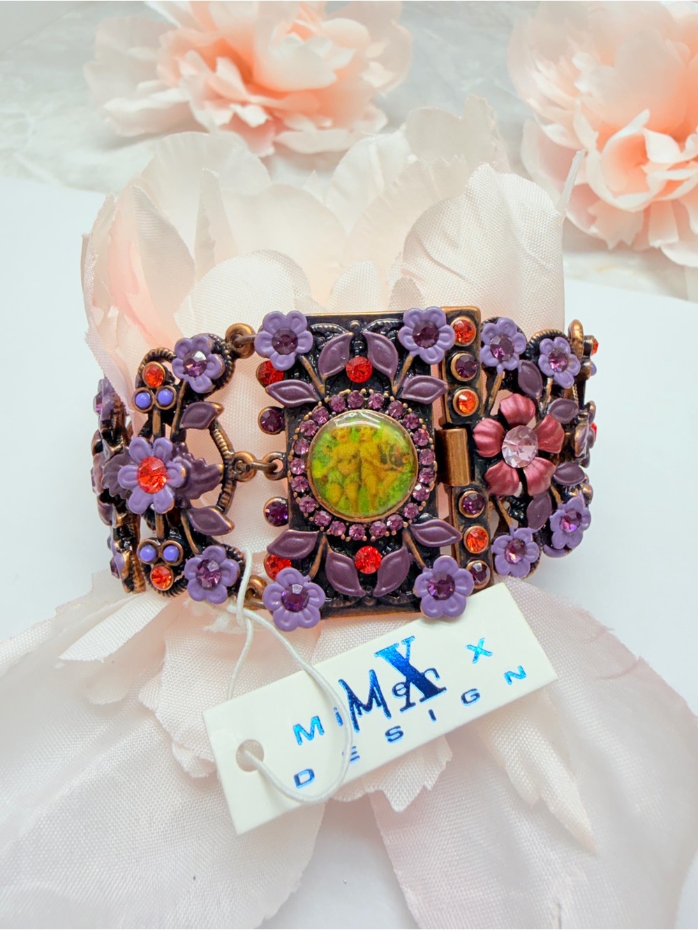 Vintage wide bracelet Michael Morrison MX signet MXO,purple flowers with Crystal